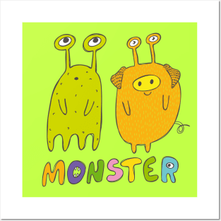 Green and Yellow - Two Monsters Friends Posters and Art